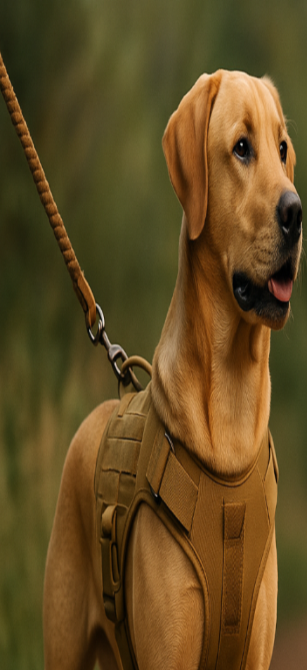 Dog wearing a harness with 'Leash & Collar Co.' text in the background