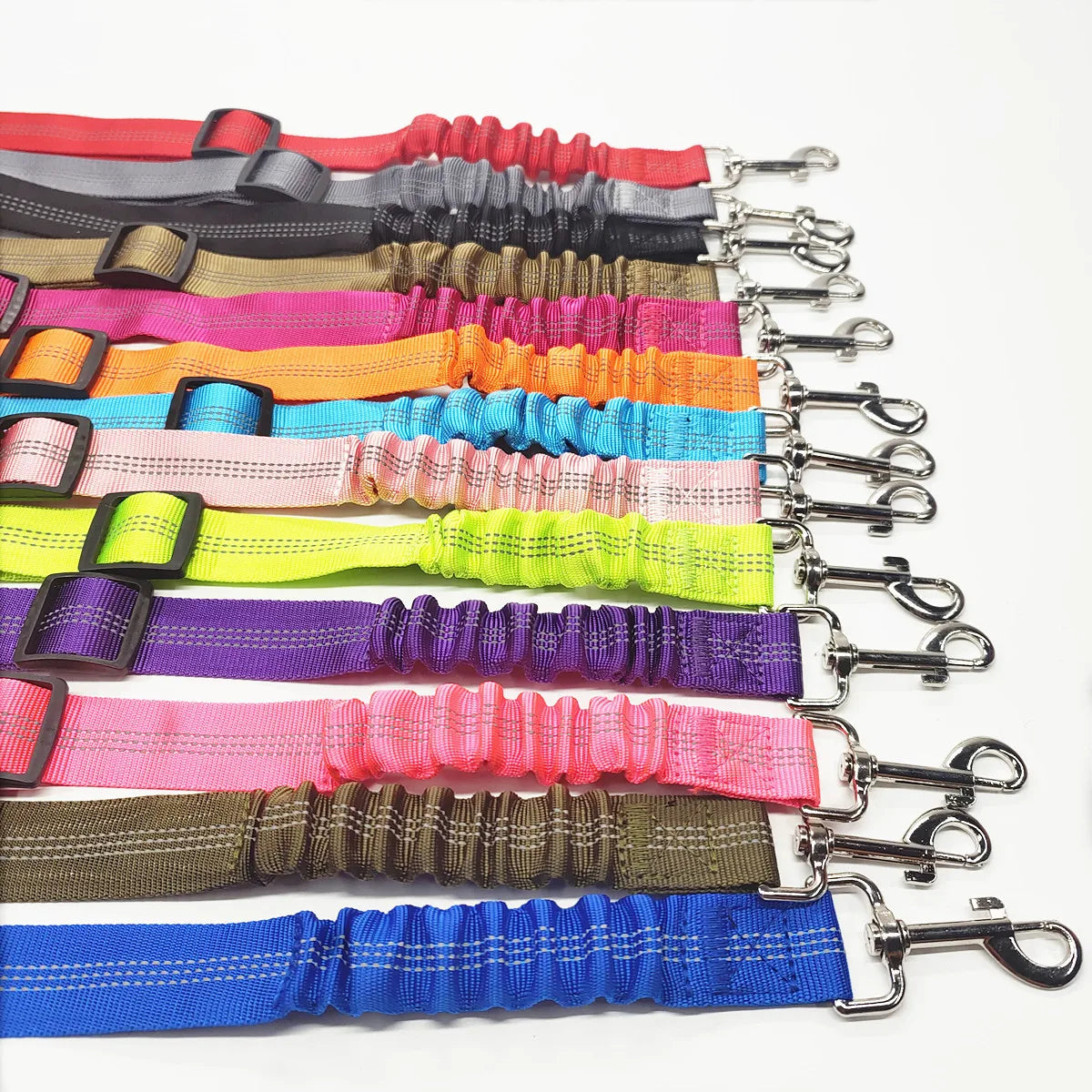 Set of colorful dog leashes with metal clasps on a white background